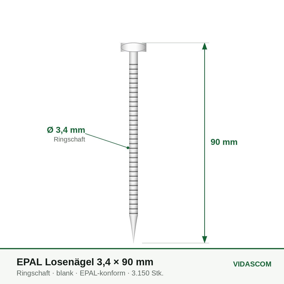 Akdeniz EPAL Losenägel 3,4 × 90 mm mit Ringschaft, Maßzeichnung